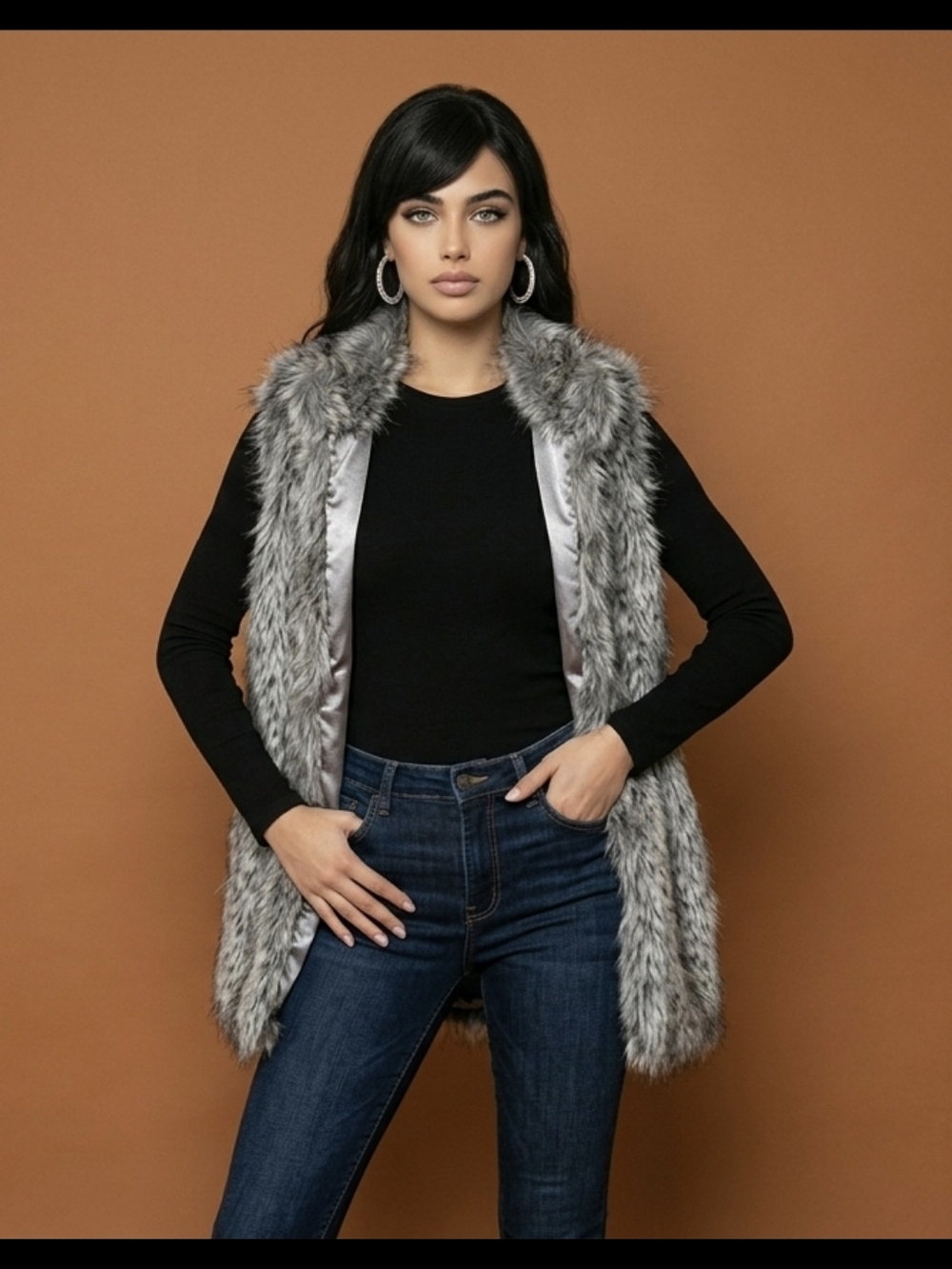 Lauren Hansen Gray Faux Fur Snow Leopard Sleeveless Vest with Pockets Size XL